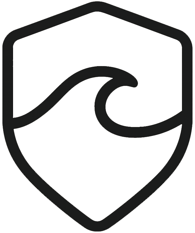 Liberty Bay Logo, a minimalist wave on a shield, conveying safety and the smoothness of a wave.